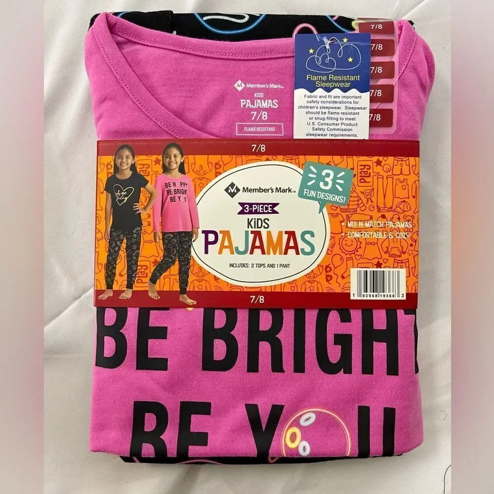 Member’s Mark girl’s pajama‎ 3 piece set incl 1 long slve top, 1 tee,1 pj bottom